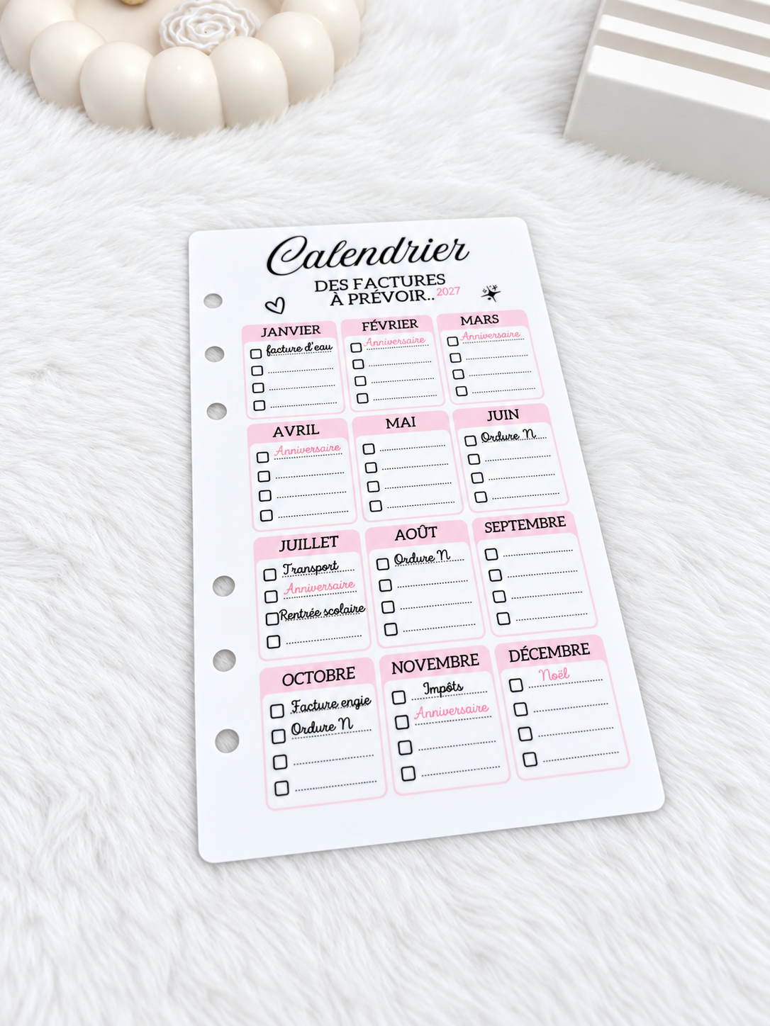 Fiche a6 Calendrier facture à prévoir